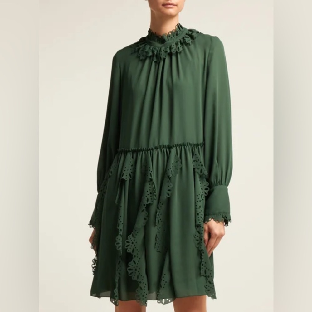 See By Chlo Eyelet Detail Laser-Cut Dress In Deep Green Marble